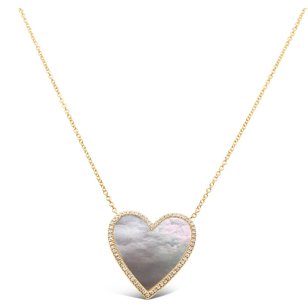 Yellow Gold Mother of Pearl and Diamond Heart Necklace