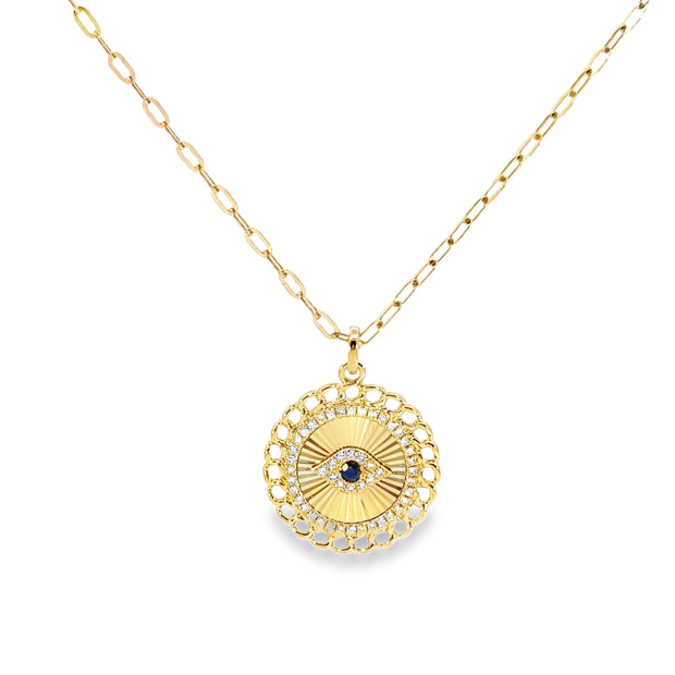 Shy Creation Yellow Gold Sapphire and Diamond Evil Eye Pendant