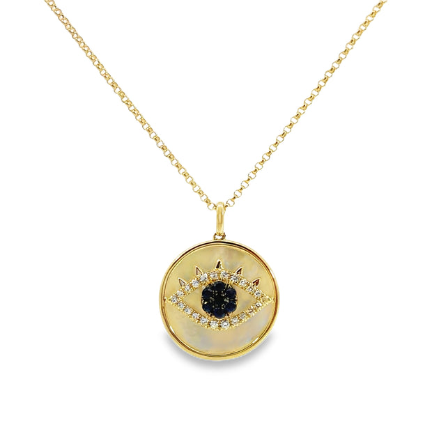 Yellow Gold Sapphire, Diamond and Mother of Pearl Evil Eye Pendant