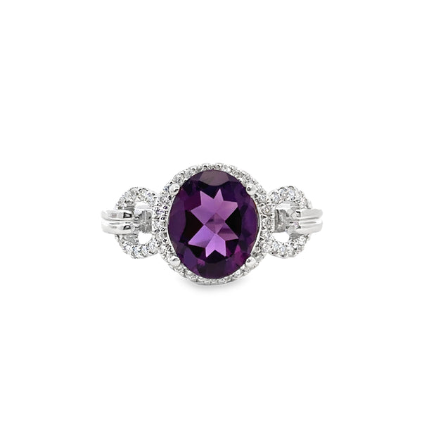 White Gold Amethyst and Diamond Halo Ring